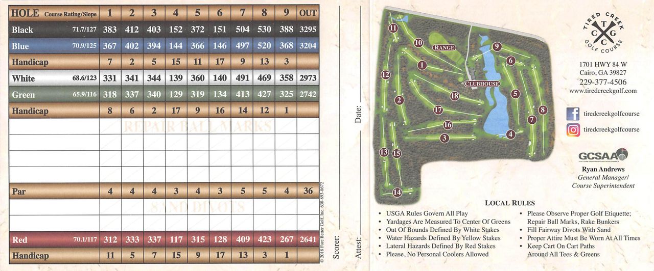 Scorecard Tired Creek Golf Course